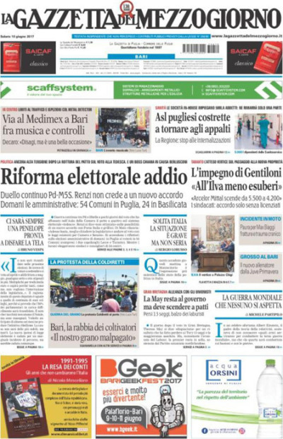 Le prime pagine di sabato 10 giugno 2017 - Il Post