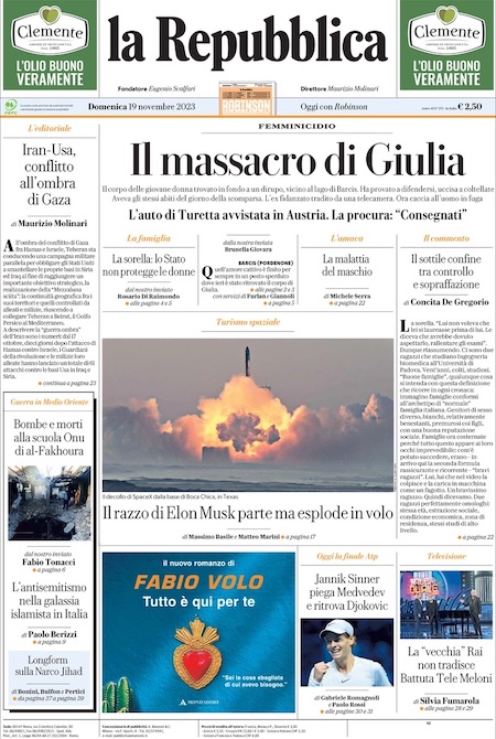 Le prime pagine di domenica 19 novembre 2023 - Il Post