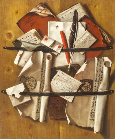 Un trompe l'oeil del 1697 di Martinus Nellius con documenti, pergamene, spartiti, una penna d'oca, un bastone di ceralacca appuntati a una tavola con due strisce di cuoio