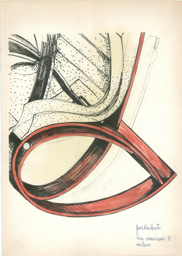 Un disegno del progetto della sedia a dondolo Sgarsul realizzata nel 1962 per Poltronova