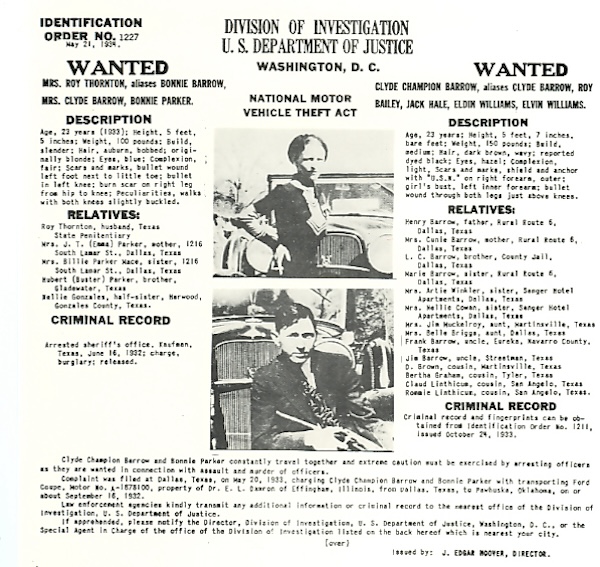 Le informazioni segnaletiche di Bonnie e Clyde diffuse dall'FBI nel maggio del 1934
