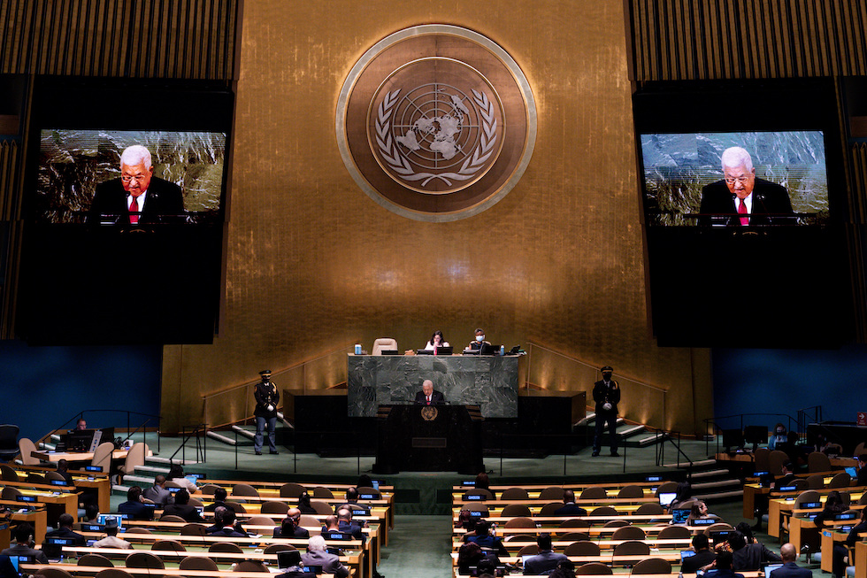 Il presidente dell'Autorità palestinese Mahmoud Abbas parla all'Assemblea generale dell'ONU nel maggio 2024