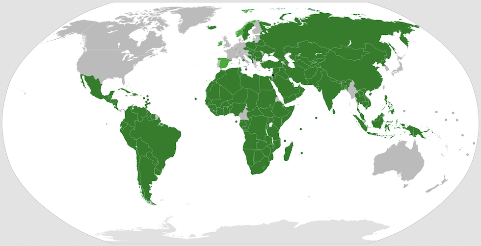 Gli Stati del mondo che riconoscono la Palestina. In verde chiaro ci sono Irlanda, Norvegia e Spagna