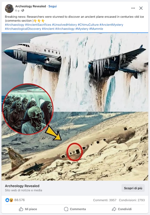La copertina di una fake news che mostra un aereo di linea intrappolato in un ghiacciaio 
