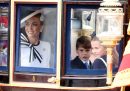 Kate Middleton, la moglie del principe William d’Inghilterra, con i figli Louis e Charlotte durante la parata "Trooping the Colour" a Buckingham Palace. "Trooping the Colour" è una parata che celebra il compleanno ufficiale del monarca britannico