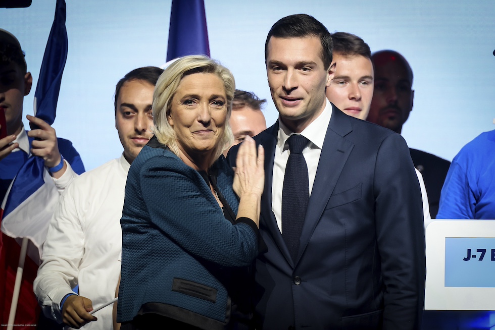 Una foto di Marine Le Pen e Jordan Bardella, del Rassemblement National, 2 giugno 2024 (AP Photo/Thomas Padilla)