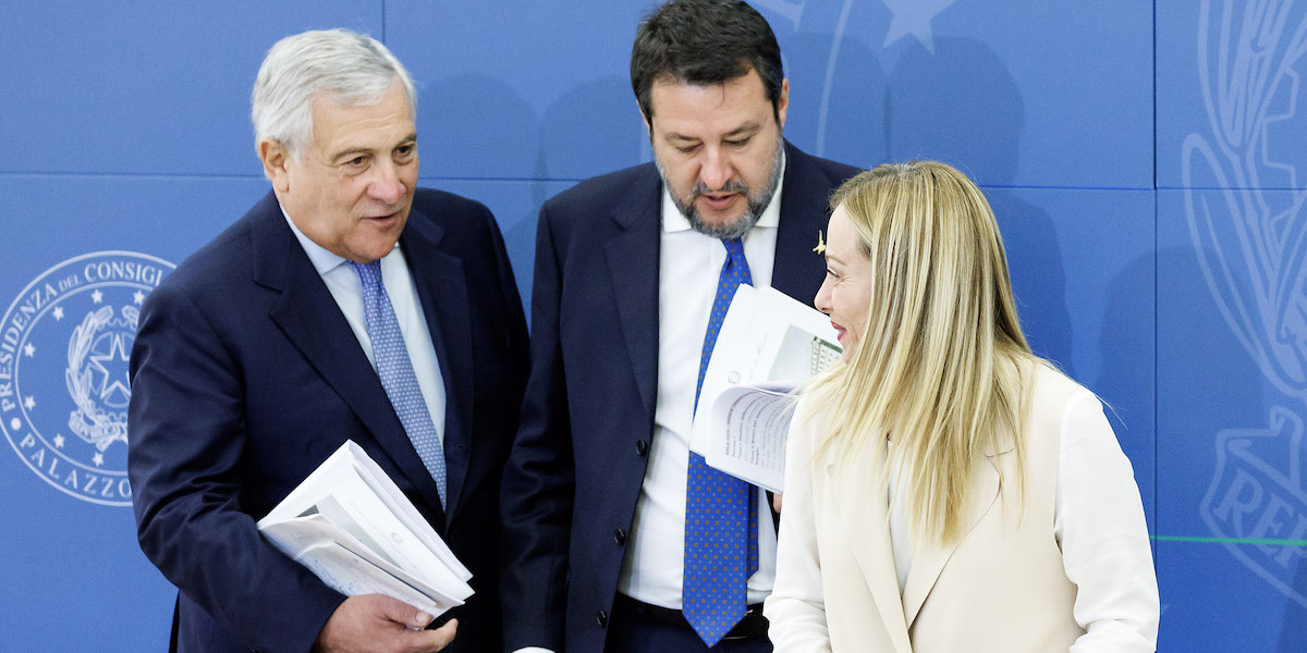 Da sinistra: Antonio Tajani, Matteo Salvini e Giorgia Meloni