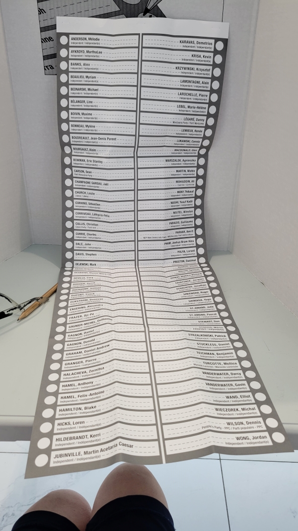 una lunghissima scheda elettorale in una cabina, con 84 nomi disposti su due colonne