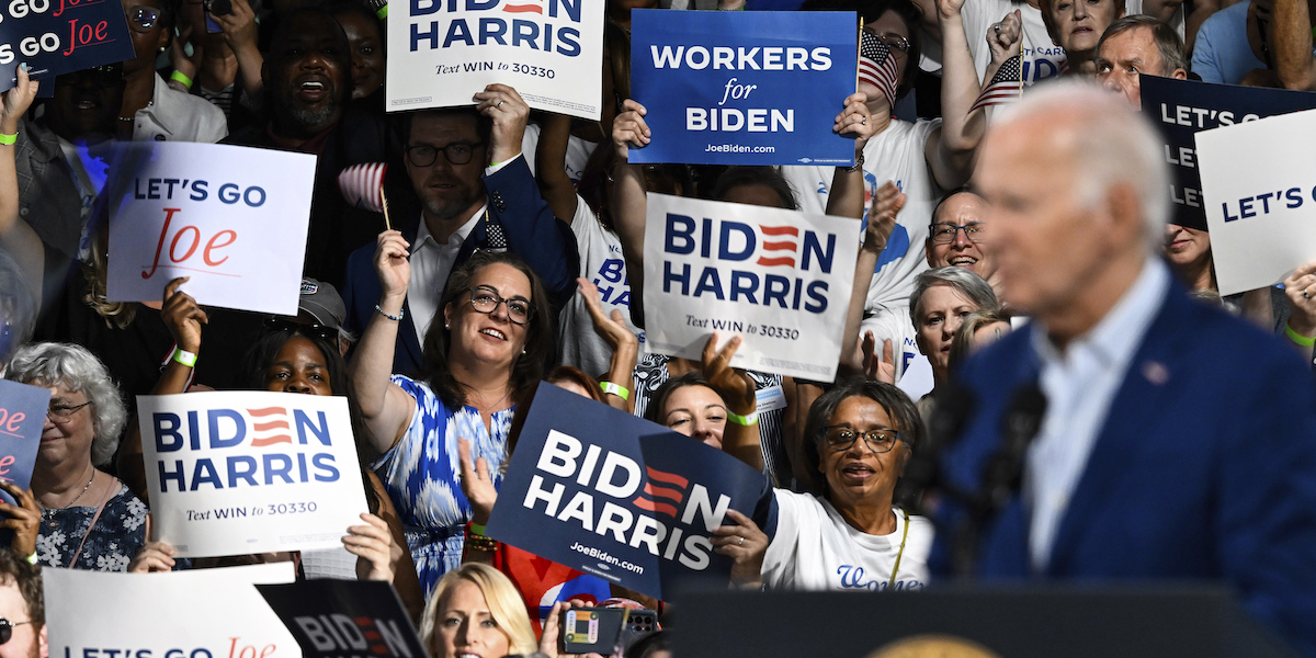 Joe Biden durante un raduno dei Democratici a Raleigh, North Carolina, Stati Uniti, 28 giugno 2024 (AP Photo/Matt Kelley)