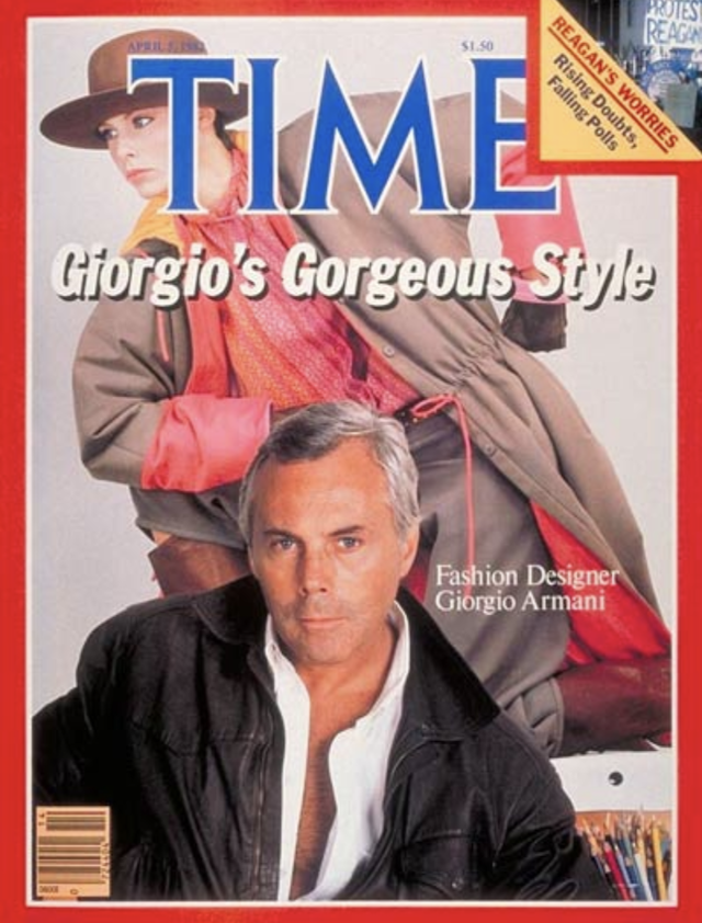 Una foto della copertina che la rivista Time dedicò a Giorgio Armani nel 1982