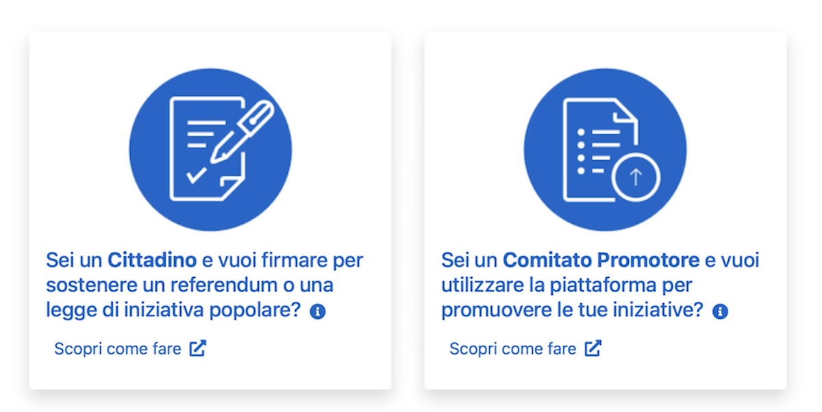 L'homepage della piattaforma per la raccolta delle firme digitali per i referendum