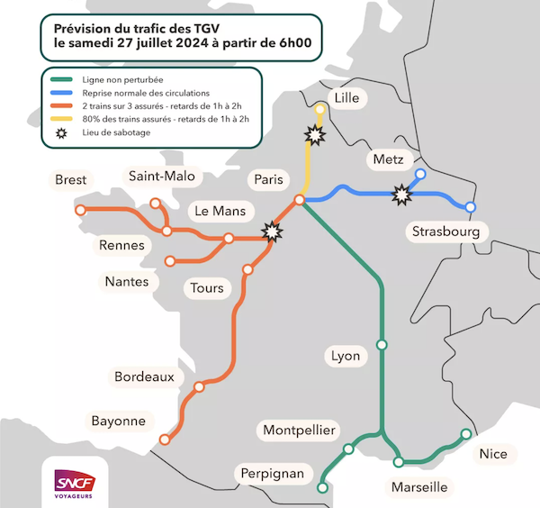 La situazione sulle linee colpite sabato mattina (dal sito di SNCF)