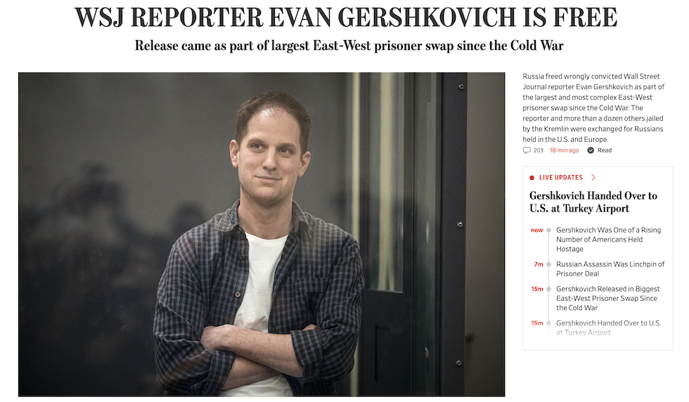 Uno screenshot dell'home page del Wall Street Journal con la notizia della liberazione di Gershkovich