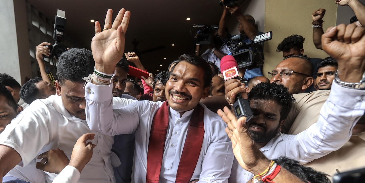 Namal Rajapaksa, figlio dell'ex presidente dello Sri Lanka Mahinda Rajapaksa, dopo aver ricevuto la nomina a candidato alle presidenziali, il 7 agosto nella capitale Colombo