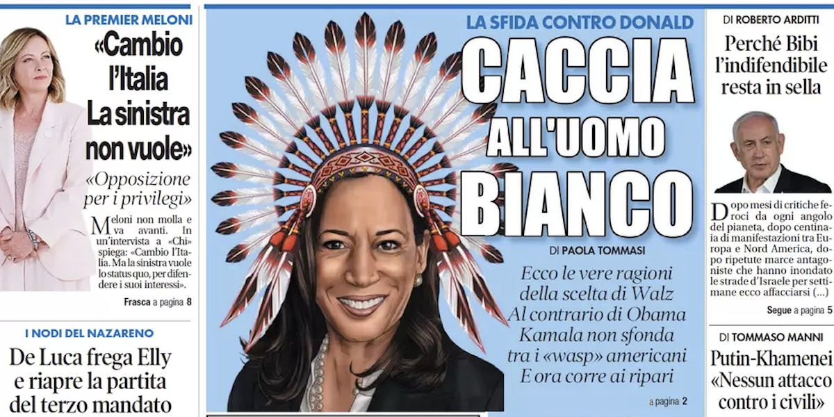 La prima pagina del Tempo di oggi con Kamala Harris rappresentata come una nativa americana