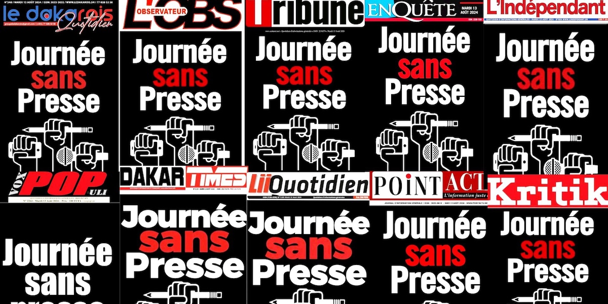 Collage con le prime (e ultime) pagine di vari giornali del Senegal che il 13 agosto 2024 hanno protestato contro il governo del paese: sotto le testate c'è un'illustrazione in bianco e nero di tre pugni alzati che stringono uno smartphone, una matita e un microfono, sormontati dalla scritta “Giornata senza stampa”