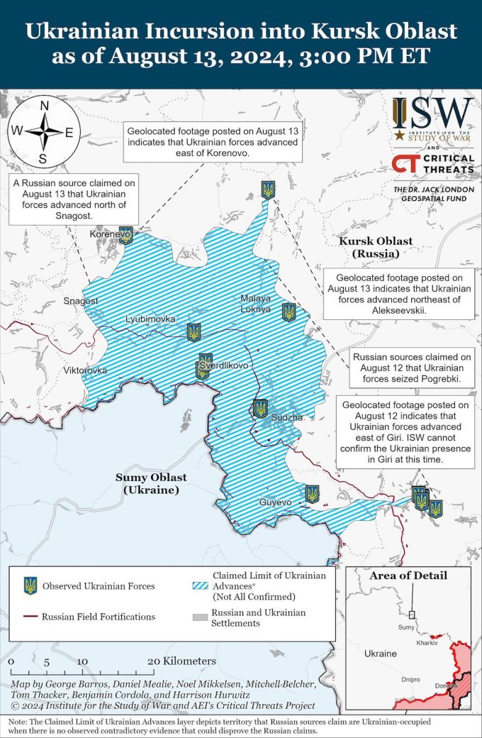 Una mappa dell’avanzata ucraina aggiornata al 13 agosto e realizzata dal centro studi Institute for the Study of War