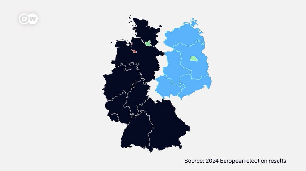 La mappa mostra il primo partito alle elezioni europee: in nero la CDU, in azzurro AfD (dal video di DW sulle ragioni del successo dell'estrema destra)