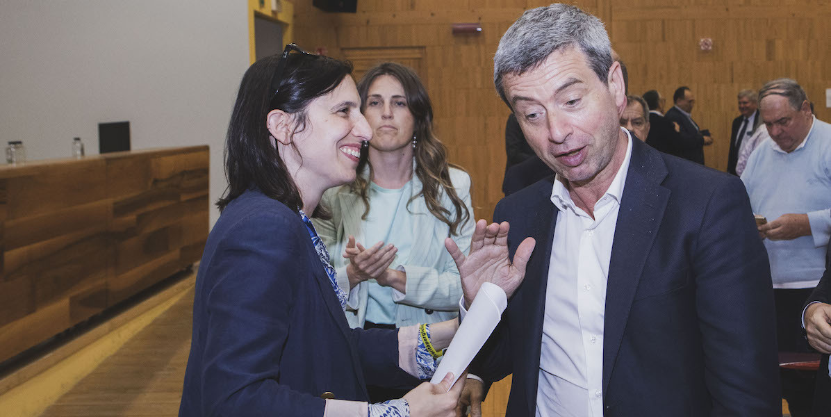 Elly Schlein e Andrea Orlando durante un convegno sull'industria italiana a Torino, il 12 maggio 2024 (Andrea Alfano/LaPresse)
