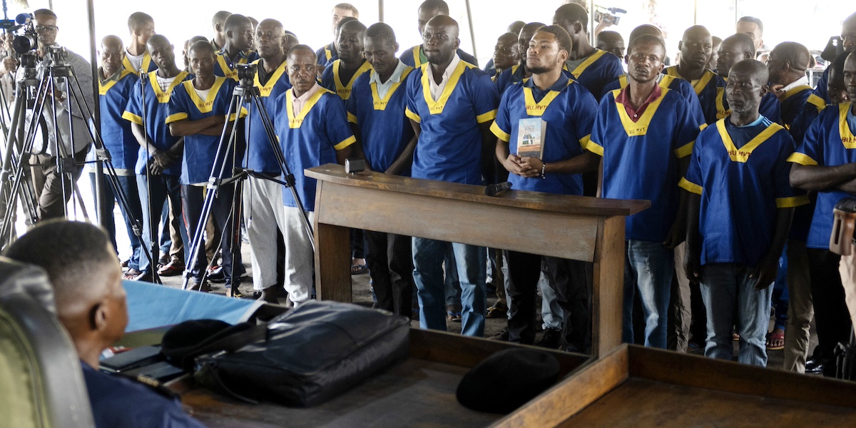 Gli imputati durante la lettura del verdetto, il 13 settembre a Kinshasa (AP Photo/Samy Ntumba Shambuyi)