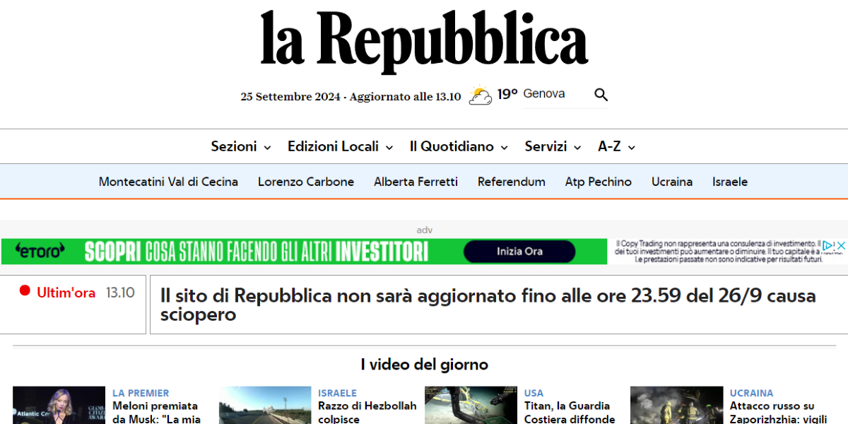 Uno screenshot del sito di Repubblica il 25 settembre, che avvisa che il sito non sarà aggiornato a causa dello sciopero