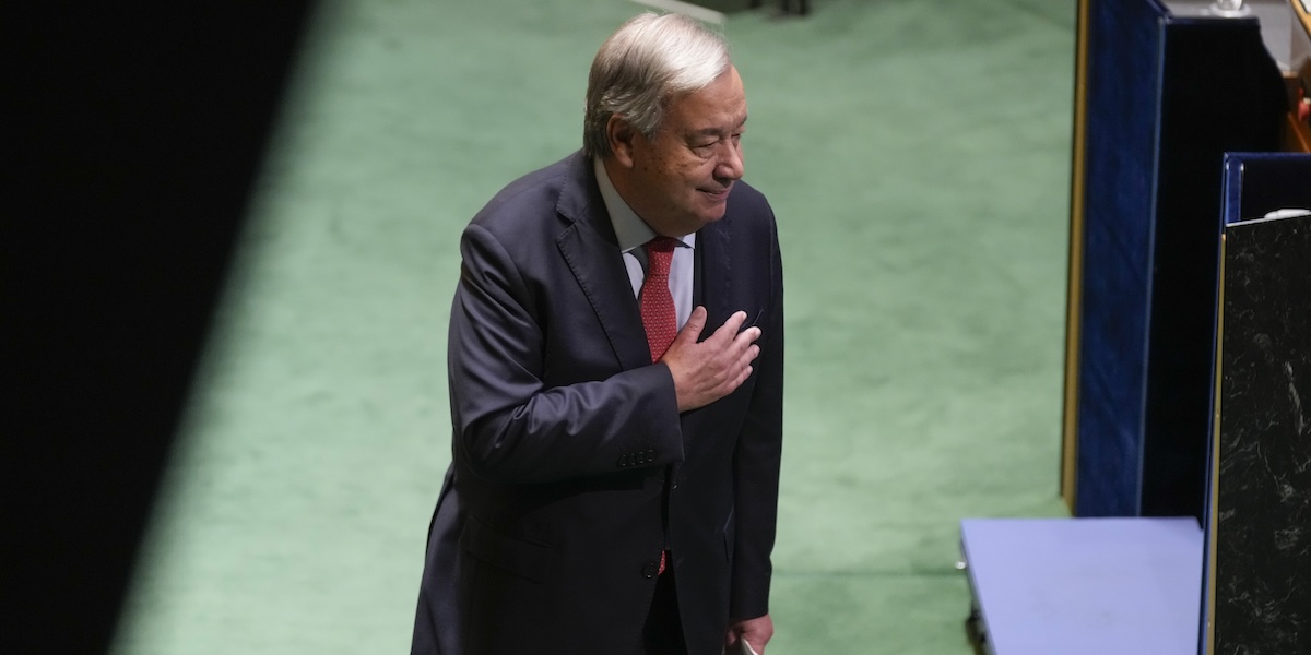 António Guterres all'Assemblea delle Nazioni Unite a New York, 24 settembre (AP Photo/ Seth Wenig)