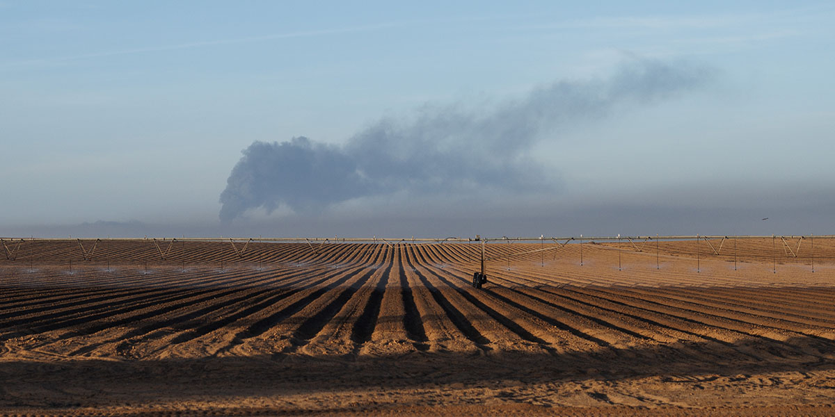 Il fumo di un bombardamento israeliano a Gaza sullo sfondo dei campi coltivati a Sderot, in Israele (Dan Kitwood/Getty Images)