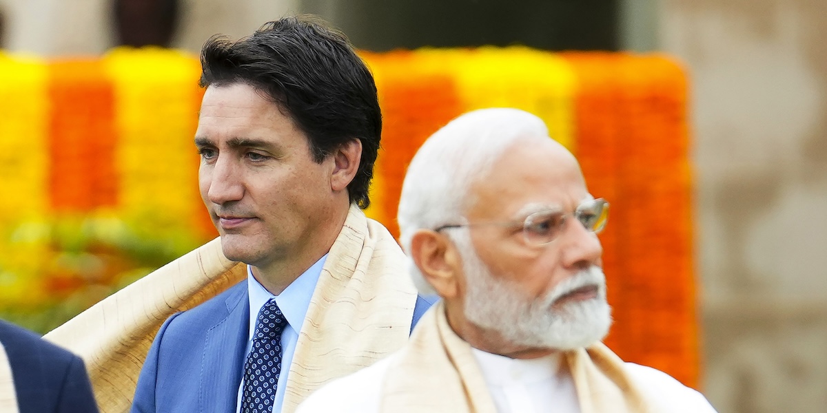 Justin Trudeau e Narendra Modi a New Delhi nel 2023 (Sean Kilpatrick/The Canadian Press via AP)