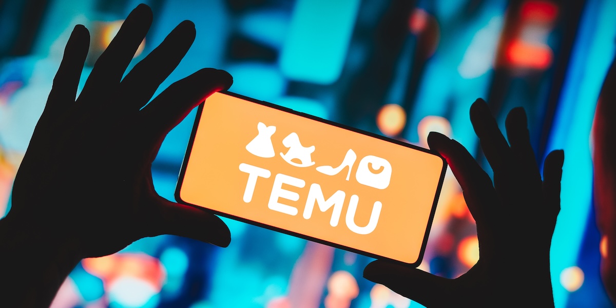 Una persona con in mano uno smartphone che mostra il logo di Temu