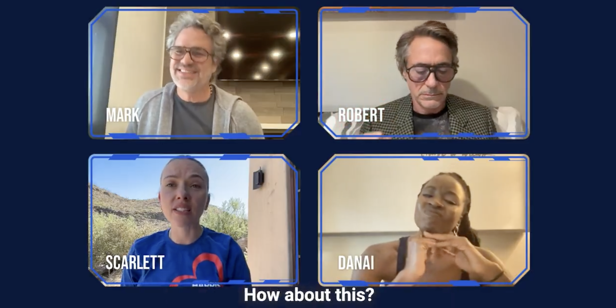 Mark Ruffalo, Robert Downey Jr., Scarlett Johansson e Danai Gurira nella videochiamata in cui danno il loro sostegno a Kamala Harris (dal profilo X di Mark Ruffalo)