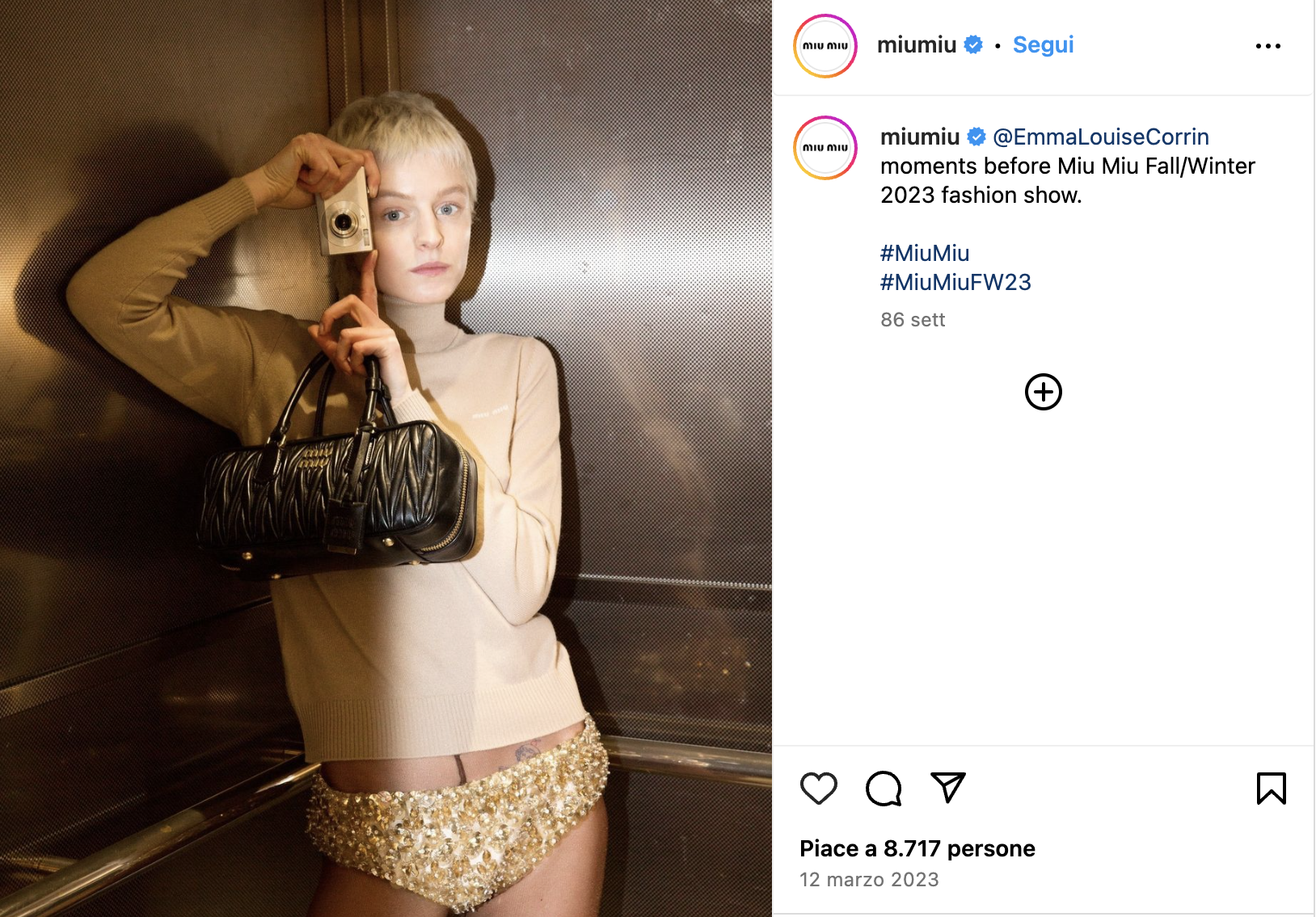 Una foto dell'attrice Emma Corrin con le mutande dorate di Miu Miu(Instagram di Miu Miu)