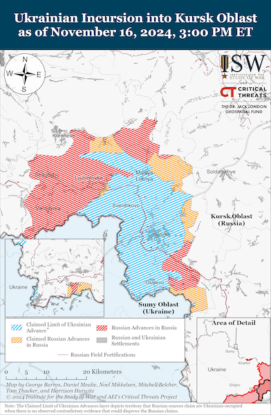 Una mappa dell’avanzata ucraina aggiornata al 10 novembre realizzata dal centro studi <a href="https://www.understandingwar.org/backgrounder/russian-offensive-campaign-assessment-november-16-2024">Institute for the Study of War</a>