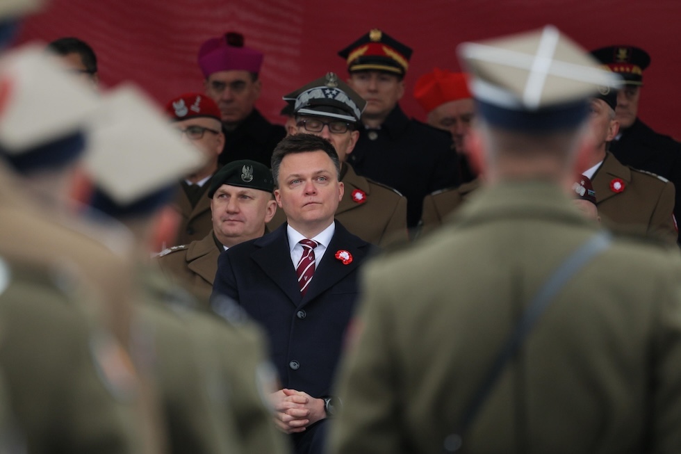 Il presidente della camera bassa polacca, Szymon Hołownia, durante una commemorazione, l'11 novembre