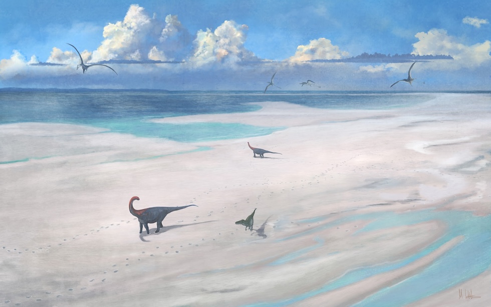 Illustrazione di uno scenario ipotetico in un cui furono lasciate le orme: si vedono una zona sabbiosa in una laguna e tre dinosauri terrestri, un Megalosaurus e due grossi erbivori